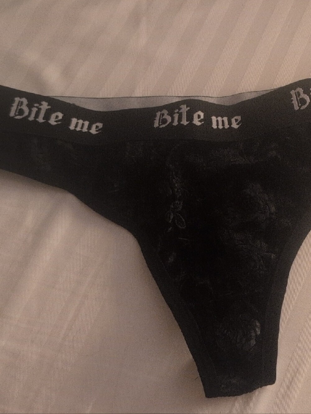 NWT Black 'Bite Me' Velvet Thong
